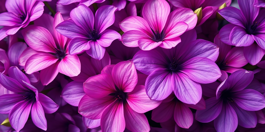 Floral pattern design with shades of purple and pink flowers, soft focus, macro lens, f/2.8, ISO 100, 50mm lens, natural light, high resolution, vivid colors, dark background.