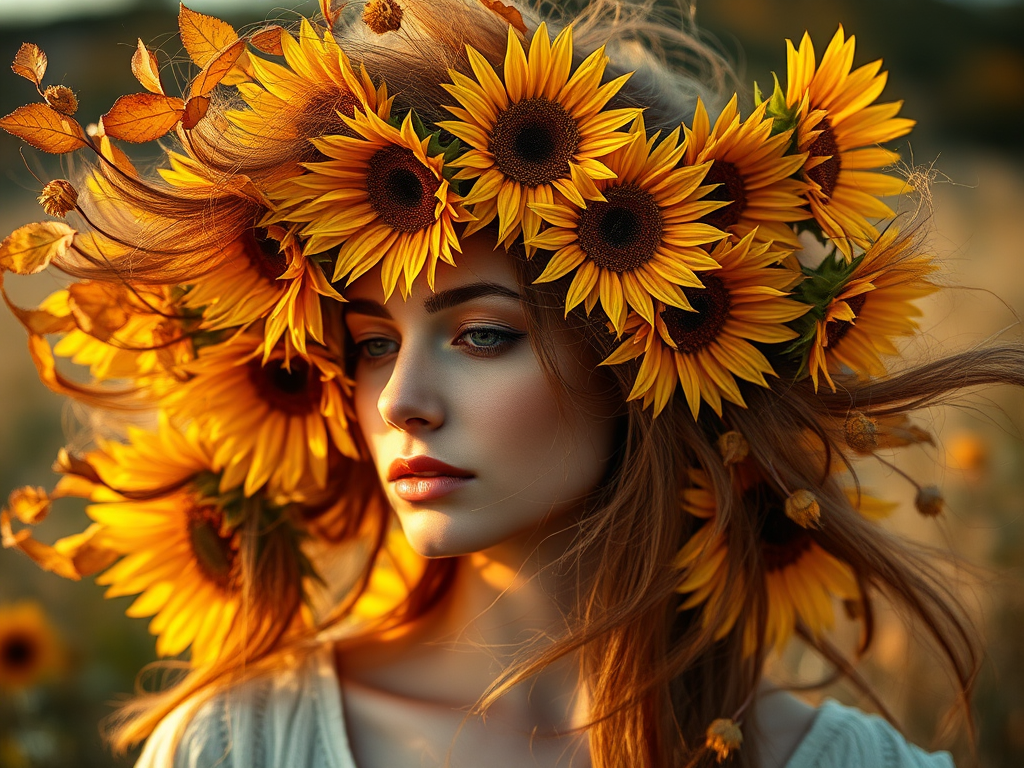 Create an ethereal portrait of a woman with flowing hair made of sunflowers and autumn leaves, captured with a Canon EOS R5 at f/2.8, ISO 100, with a 50mm lens in soft golden hour light, focusing on vibrant colors and intricate details.