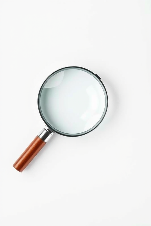 Create a high-resolution magnifying glass icon on a white background, using a Canon EOS 5D Mark IV with a 50mm f/1.8 lens, aperture set to f/2.8, ISO 100, and a slight vignette for depth, shot from a top-down view for clarity and focus.