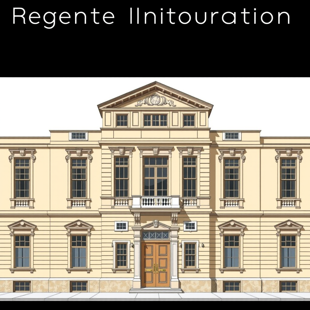 Regenerate an architectural illustration of a classic building with a symmetrical facade, featuring detailed windows and a prominent entrance, using a DSLR camera, 50mm lens, f/8 aperture, ISO 100, natural lighting, shot from a straight-on perspective to enhance clarity and detail.