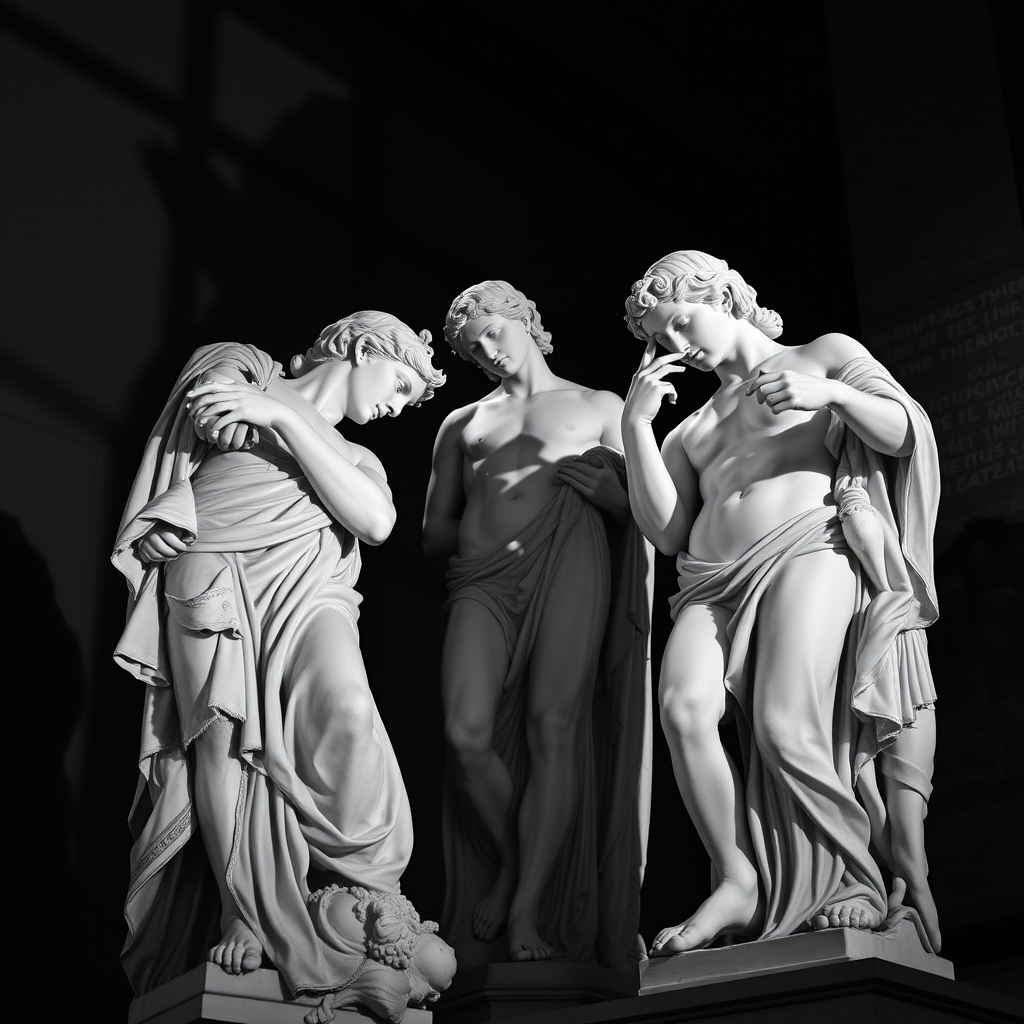 create a high-resolution image of three classical marble sculptures closely interacting with soft dramatic lighting, shoot with a DSLR camera at f/2.8 aperture, ISO 100, 50mm lens, using a low-angle view to emphasize the details and textures of the sculptures, in black and white style for a timeless effect.