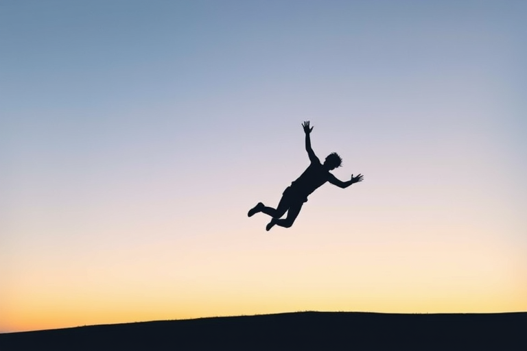 Create a minimalistic vector illustration of a falling person, captured with a 50mm lens at f/2.8, ISO 100, in natural light, using a DSLR camera for sharp clarity and vibrant colors.