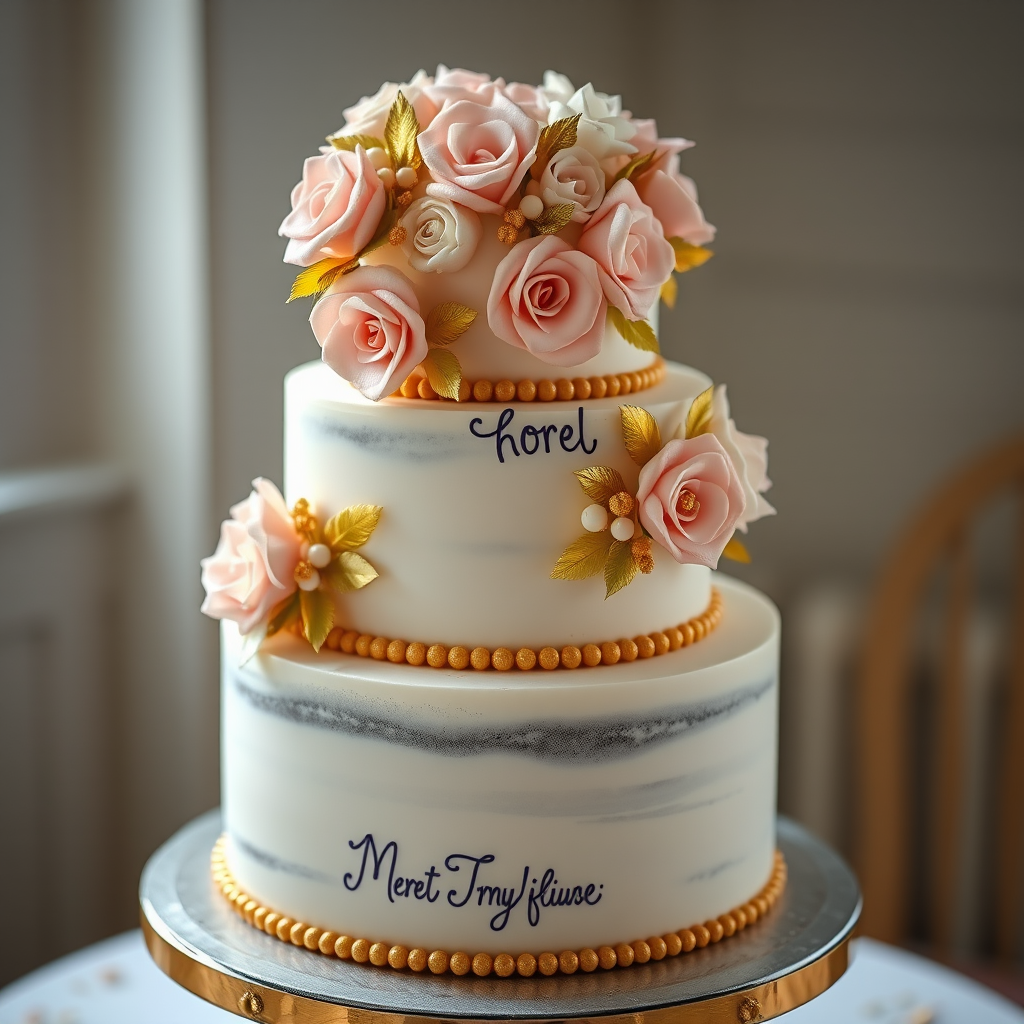 A beautifully decorated three-tier cake with intricate floral sugar decorations in soft pastels and gold accents, captured in soft natural light, using a 50mm lens, f/2.8 aperture, 1/60 shutter speed, in a cozy studio setting with a shallow depth of field.
