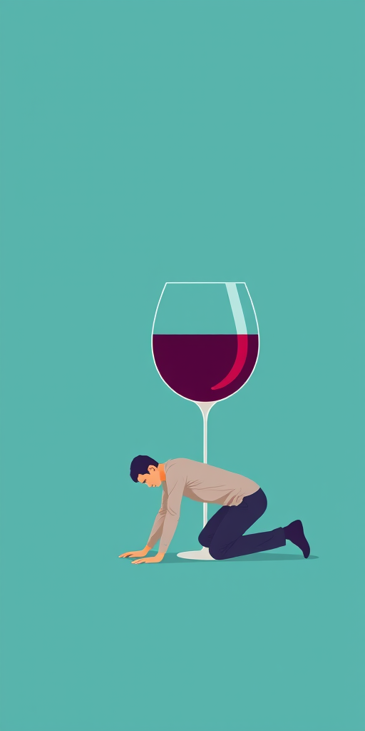 Create a minimalist illustration of a man crawling towards an oversized wine glass on a solid teal background, focus on clean lines and flat design aesthetic, use a Canon EOS R5 with a 50mm f/1.8 lens, aperture set to f/8 for depth of field, and a soft, even lighting setup.