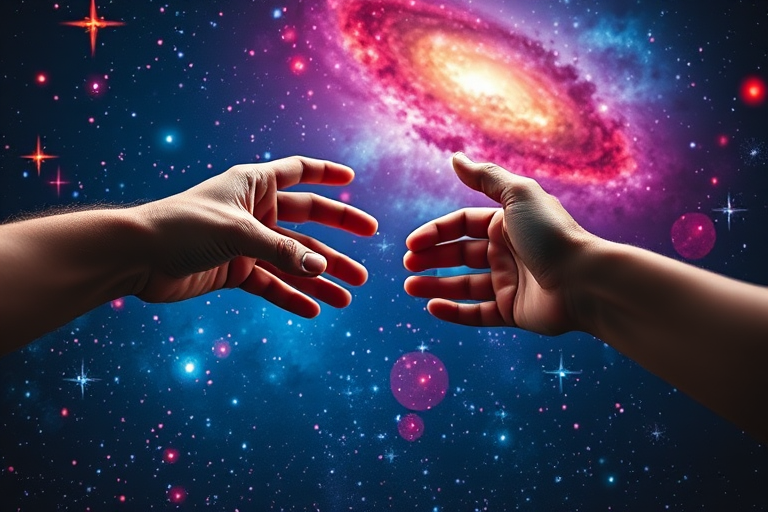 Create an image of two hands reaching towards each other against a vibrant cosmic background filled with galaxies and stars, camera settings: ISO 800, f/2.8, shutter speed 1/60s, camera view: close-up, camera style: surreal, camera type: digital SLR.