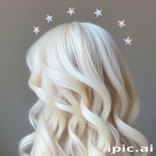 Ethereal white-blonde waves known as "Celestial Halo" float gracefully around the head, adorned with tiny star-shaped crystals and a subtle opalescent sheen
