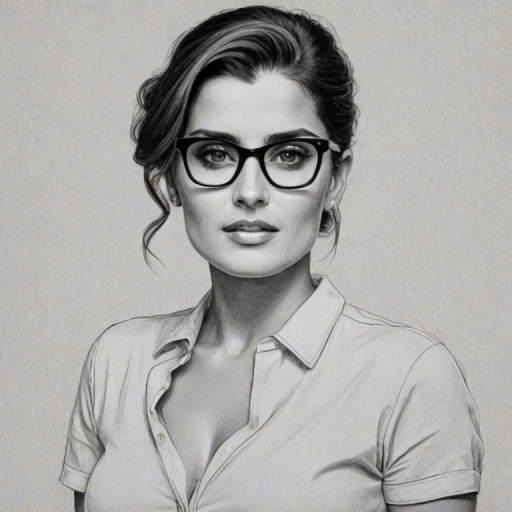 Alluring Nelly Furtado, pencil sketch, portrait of Lovely woman 1951s in glasses, hair style beatnik, outline, clear lines, fine lines, 8k