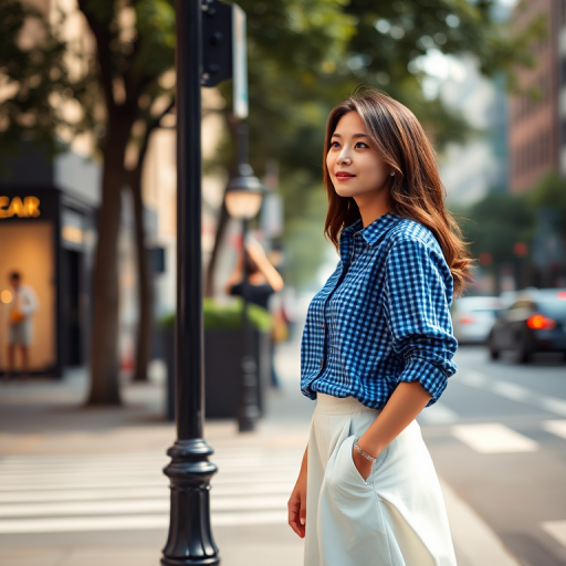 Regenerate the image of a woman in a blue checkered shirt and white skirt standing by a lamp post on a city street, using a Canon EOS R5, 50mm lens, f/1.8 aperture, 1/200s shutter speed, ISO 100, soft natural light, with a shallow depth of field.