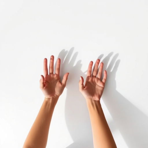 hands reaching upwards with shadows, minimalist design, bright white background, soft focus, high resolution, taken with a DSLR camera at f/2.8, 50mm lens, natural lighting, top-down view