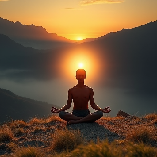 Create a serene image of a meditating figure in a mystical landscape with glowing energy emanating from the heart chakra, captured with a DSLR camera, 50mm lens, f/1.8 aperture, ISO 100, at sunset for golden hour lighting, in HDR style to enhance detail and contrast.