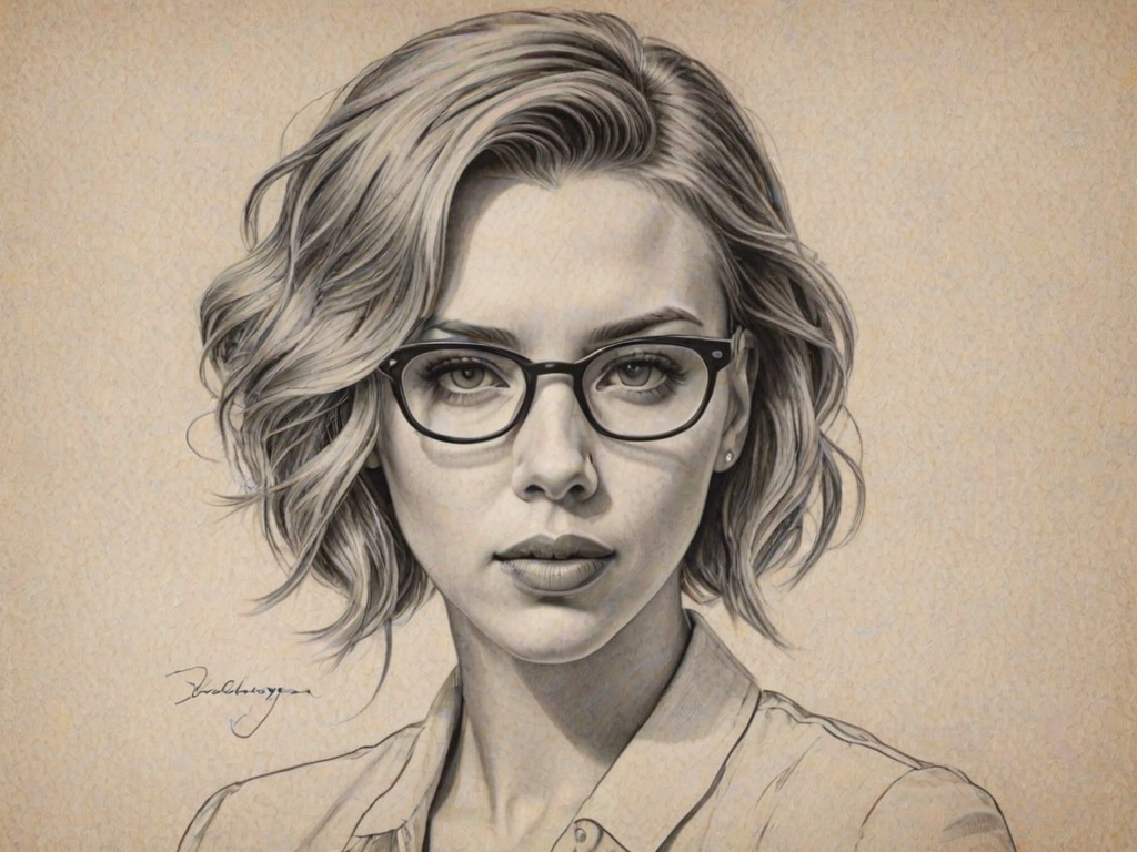 Gorgeous Scarlett Johansson, pencil sketch, portrait of Charming woman 1921s in glasses, hair style beatnik, outline, clear lines, fine lines, 8k