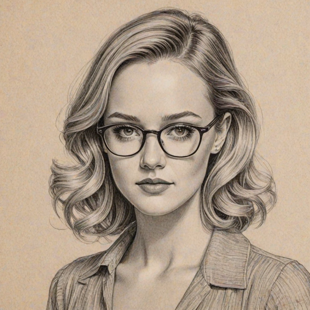 Gorgeous Ambyr Childers, pencil sketch, portrait of Beauteous woman 1937s in glasses, hair style beatnik, outline, clear lines, fine lines, 8k