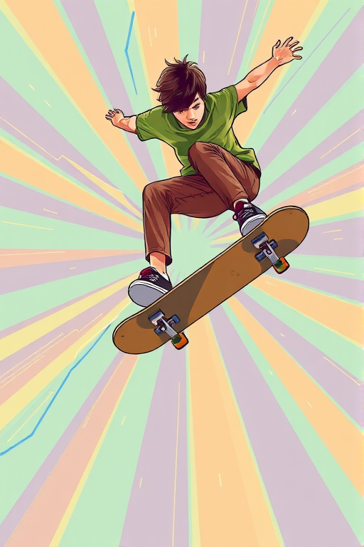 Create a vibrant illustration of a young male skateboarder performing a trick mid-air, wearing a green t-shirt and brown pants, with dynamic speed lines and a radial burst background, captured with a DSLR camera at ISO 100, f/5.6, 1/500 sec, in a wide-angle view to emphasize movement and energy.