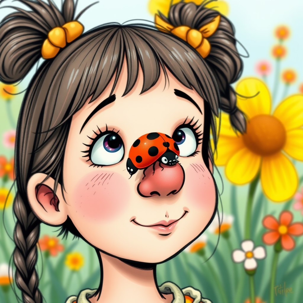 whimsical comical cartoon art Quentin Blake style, closeup portrait view of a cute girl with two ponytails in her hair, an adorable ladybug sits on her nose, funny children’s book illustration with bright colors and flowers in the background