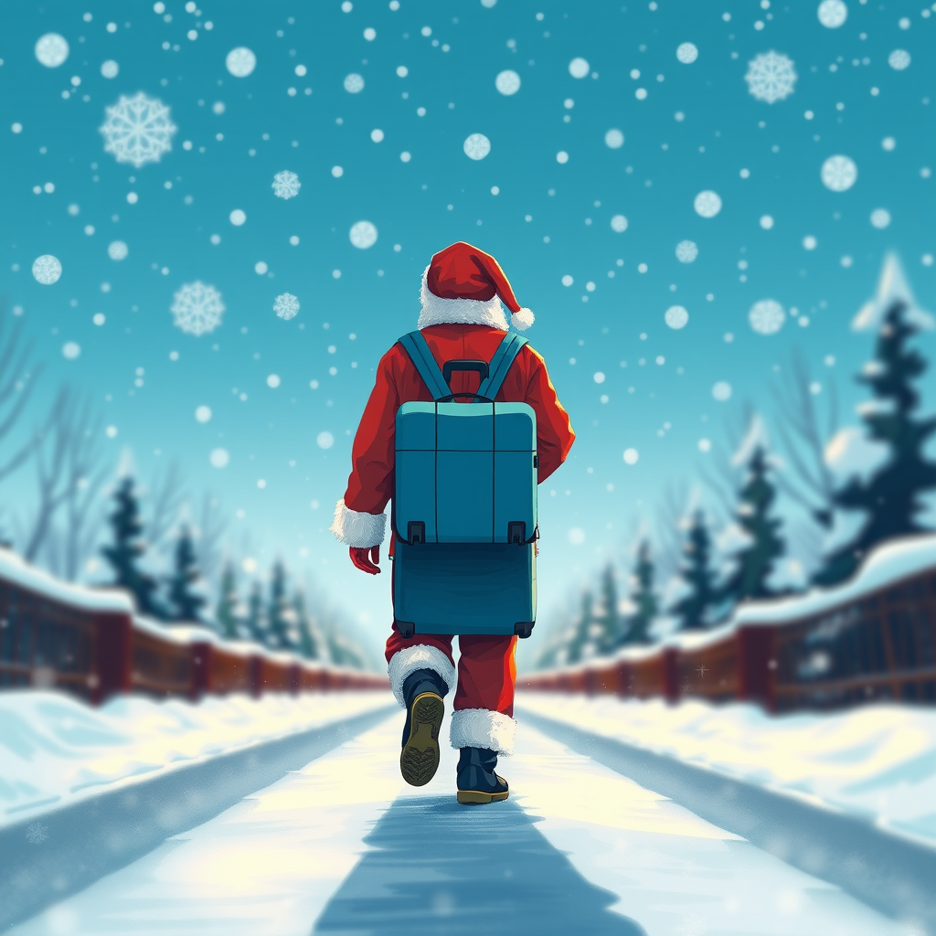 Create an illustration of a figure in a Santa suit walking down a snowy road with a blue suitcase, vibrant blue sky filled with snowflakes, use a Canon EOS R5 with a 50mm lens, f/1.8 aperture, ISO 200, and a shallow depth of field to enhance image quality.