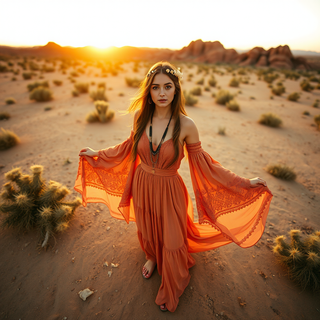 Desert setting, bohemian model, flowy dresses, earthy tones, rustic sunset effect,  equipped with a 12mm lens to capture an overhead view of the model, emphasizing symmetry and spatial positioning