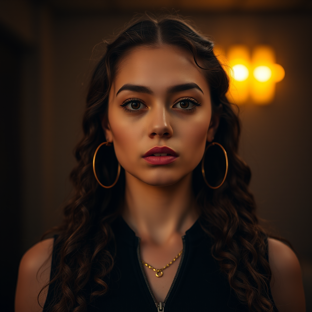 A young woman with long, curly brown hair is looking directly at the viewer. She is wearing a black top with a zipper down the front. The setting is a dimly lit interior space, with a warm, golden light emanating from the background. Her expression is neutral, with a hint of seriousness. The image is a close-up portrait with a shallow depth of field, focusing on the woman's face and torso. The background is blurred, creating a soft and intimate atmosphere.  She is wearing large gold hoop earrings, and a small gold chain is visible around her neck.  Her makeup is natural and simple, highlighting her brown eyes. The lighting creates subtle shadows that accentuate her features.  Her skin is smooth and glows in the soft light. The composition is balanced, with the woman's face positioned in the center of the frame.  The image is focused on capturing her beauty and confidence.