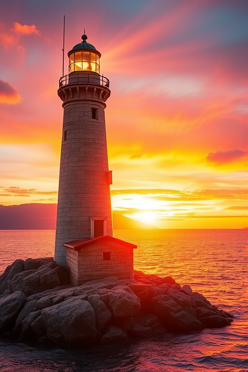 Generate an image of a tall lighthouse perched on a rocky outcrop surrounded by calm ocean waters during a breathtaking sunset. The lighthouse stands sturdy and weathered, its stone surface illuminated by the warm golden light of the setting sun. The sun's rays pass directly through the glass lantern room at the top of the lighthouse, casting a brilliant light across the scene. The sky is painted with vibrant shades of orange, pink, and purple, reflecting off the tranquil sea. The surrounding water shimmers with the same warm hues, creating a serene and majestic atmosphere.