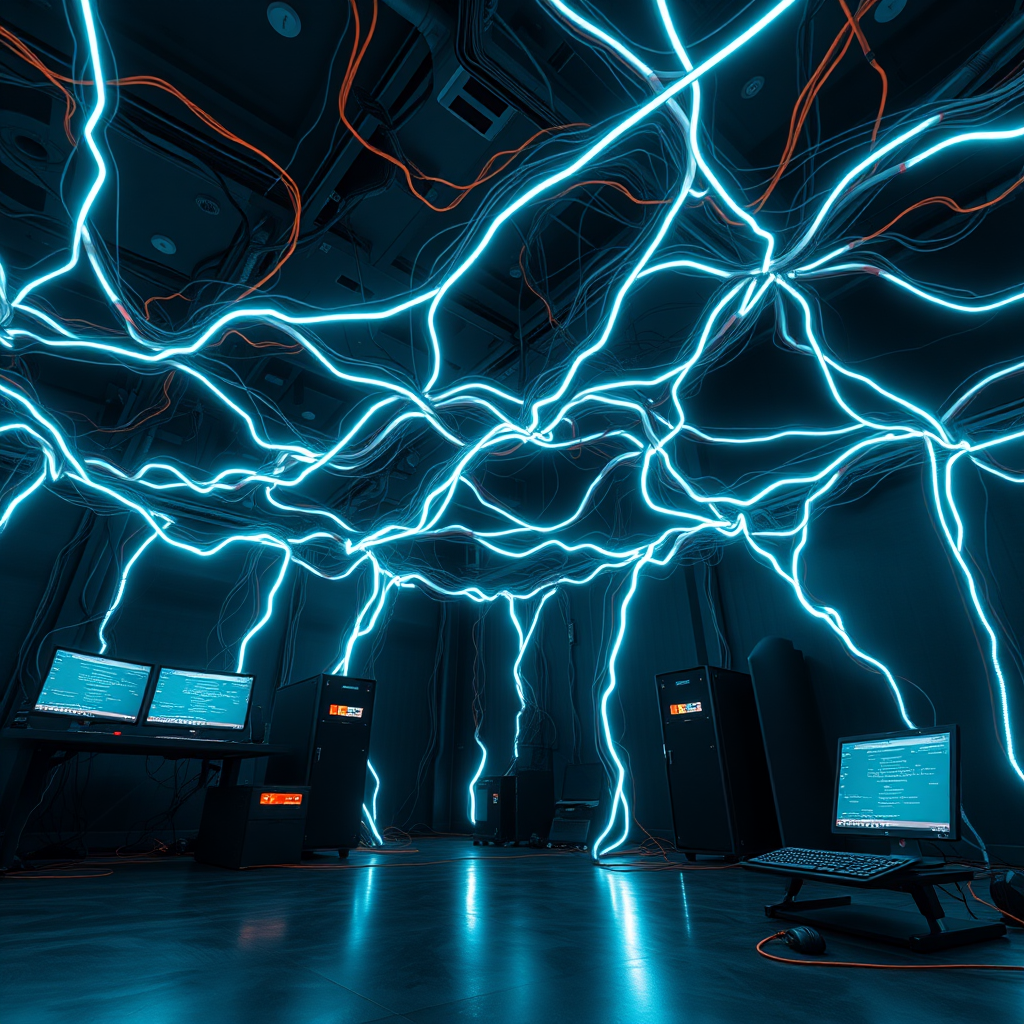 Generate a futuristic network of interconnected computers and glowing wires in a dark, expansive room, captured with a DSLR camera at f/1.8, ISO 200, 24mm lens, low-angle shot, using long exposure to enhance the glow of lights and create a sense of depth.
