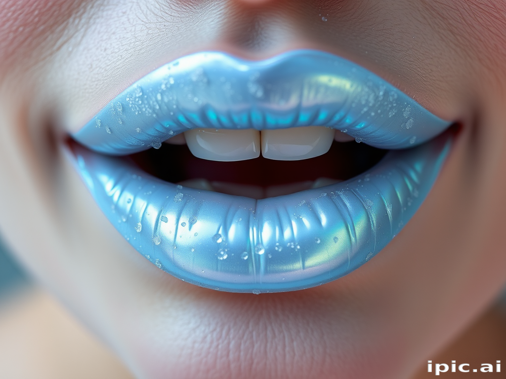 Ethereal Moonbeam Frost showcases iridescent pale blue lips with a frosted finish, evoking a mystical and otherworldly appearance ideal for avant-garde fashion shoots.
