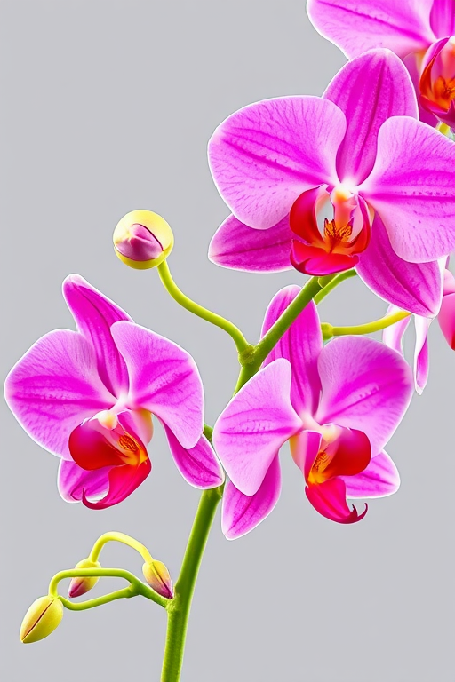 Regenerate an illustration of pink orchids with vibrant green stems and leaves in a clear, isolated background, using a DSLR camera with a 50mm lens, aperture f/2.8, ISO 100, in macro view for enhanced detail and clarity.