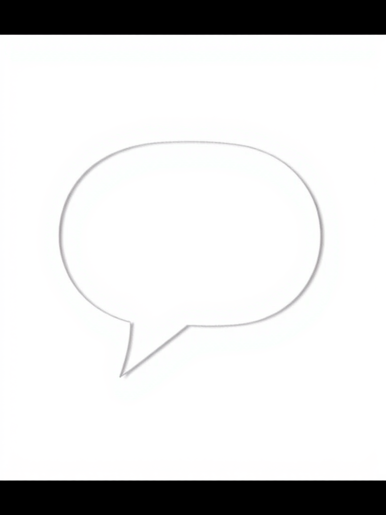 Create an image of a blank speech bubble with a smooth, clean outline against a white background, shot with a Canon EOS 5D Mark IV camera at f/8 aperture, ISO 100, 50mm lens, using a shallow depth of field to enhance clarity and focus.