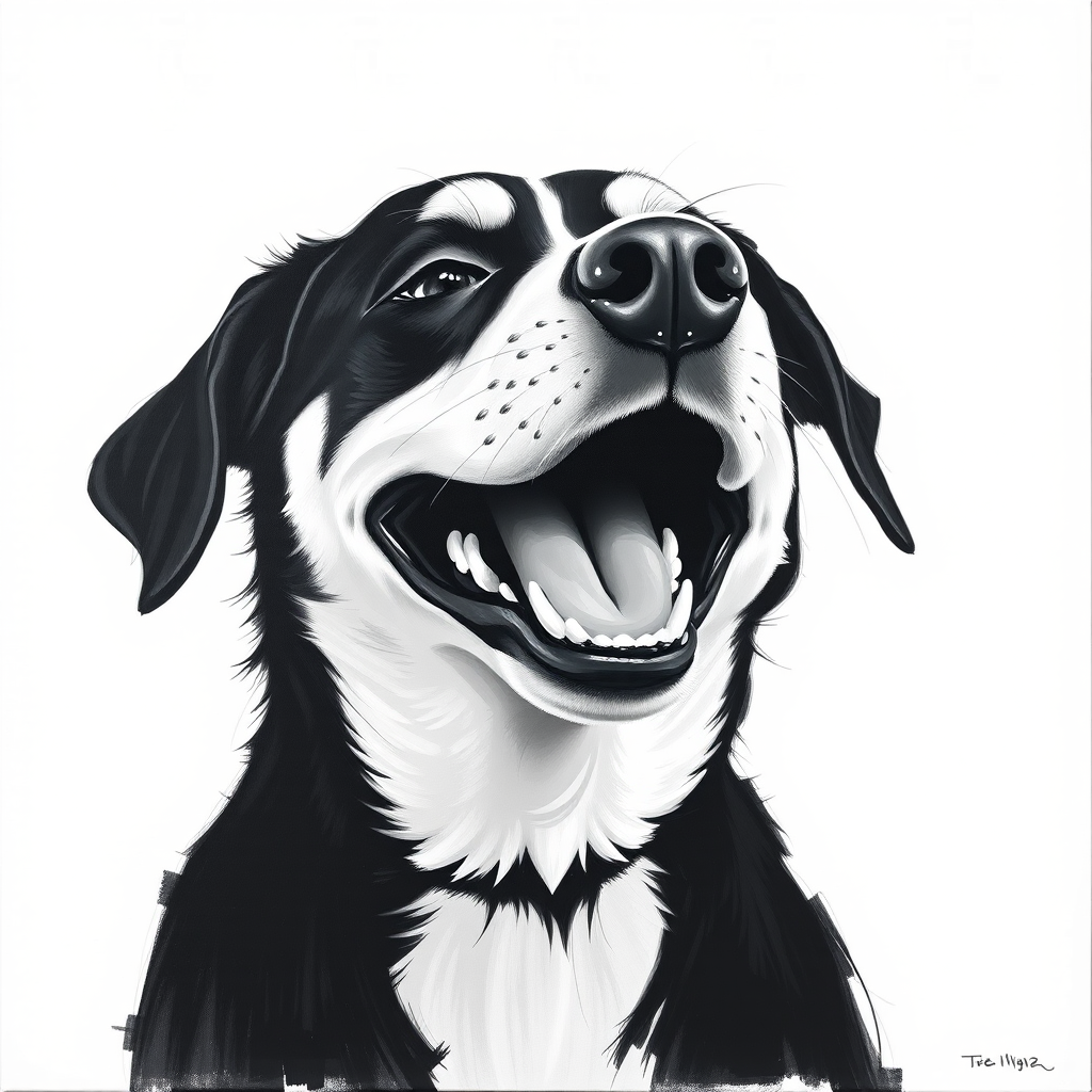 Abstract black and white acrylic portrait of an over exaggerated laughing (dog). Minimalism style. White background.