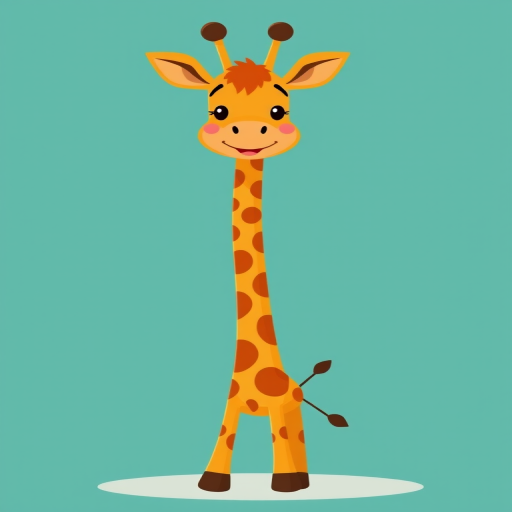 Create a cartoon-style illustration of a cheerful orange giraffe with brown spots, standing against a teal background, using a DSLR camera with a 50mm lens, aperture f/2.8, ISO 100, and soft lighting for enhanced image quality.