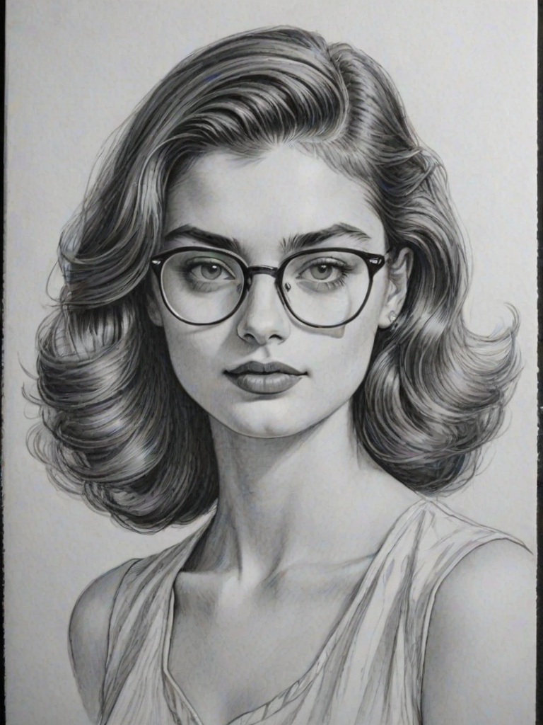 Attractive Diana Silvers, pencil sketch, portrait of Exquisite woman 1947s in glasses, hair style beatnik, outline, clear lines, fine lines, 8k