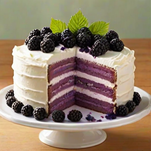 Create an image of a layered dessert with three distinct layers. The bottom layer should be a light purple cake, the middle layer white frosting, and the top layer should also be light purple cake. Decorate the top with whipped cream and fresh blackberries. Place two lemons in the background for contrast. The setting should be rustic, with a wooden surface.