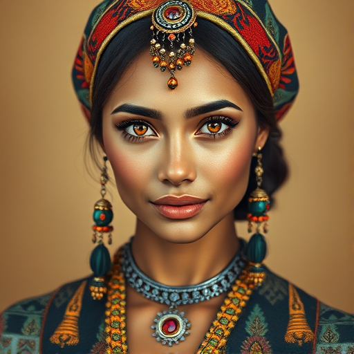 Create a portrait of a beautiful Pacific Islander woman with striking orange eyes and a gentle expression. She is adorned in traditional attire with intricate patterns, including a richly embroidered headscarf and matching garments. Her jewelry includes a delicate headpiece, dangling earrings, and ornate bracelets, all featuring vibrant gemstones and detailed metalwork. The background is soft and warm, enhancing the rich colors of her outfit and jewelry.