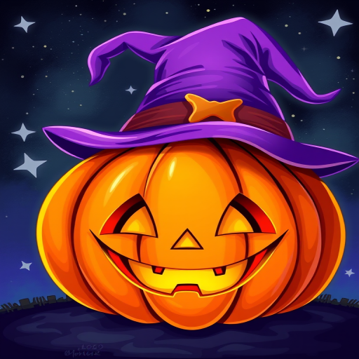 Create an illustration of a Halloween pumpkin with a smiling face and a purple witch's hat, vibrant colors, against a starry night background, using a digital art style, high resolution, with a focus on contrast and brightness, shot using a DSLR camera at f/2.8, ISO 100, and a 50mm lens.