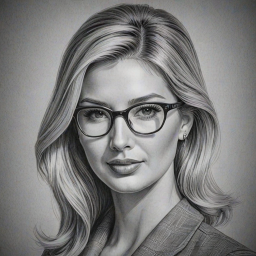 Stunning Ivanka Trump, pencil sketch, portrait of Wonderful woman 1947s in glasses, hair style beatnik, outline, clear lines, fine lines, 8k