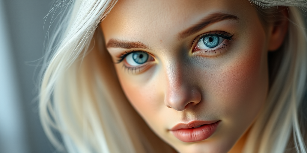 Create a hyper-realistic portrait of a young woman with long white hair and striking blue eyes, soft lighting, using a Canon EOS R5 with a 85mm f/1.2 lens, aperture set to f/1.2, ISO 100, and a shallow depth of field to blur the background.