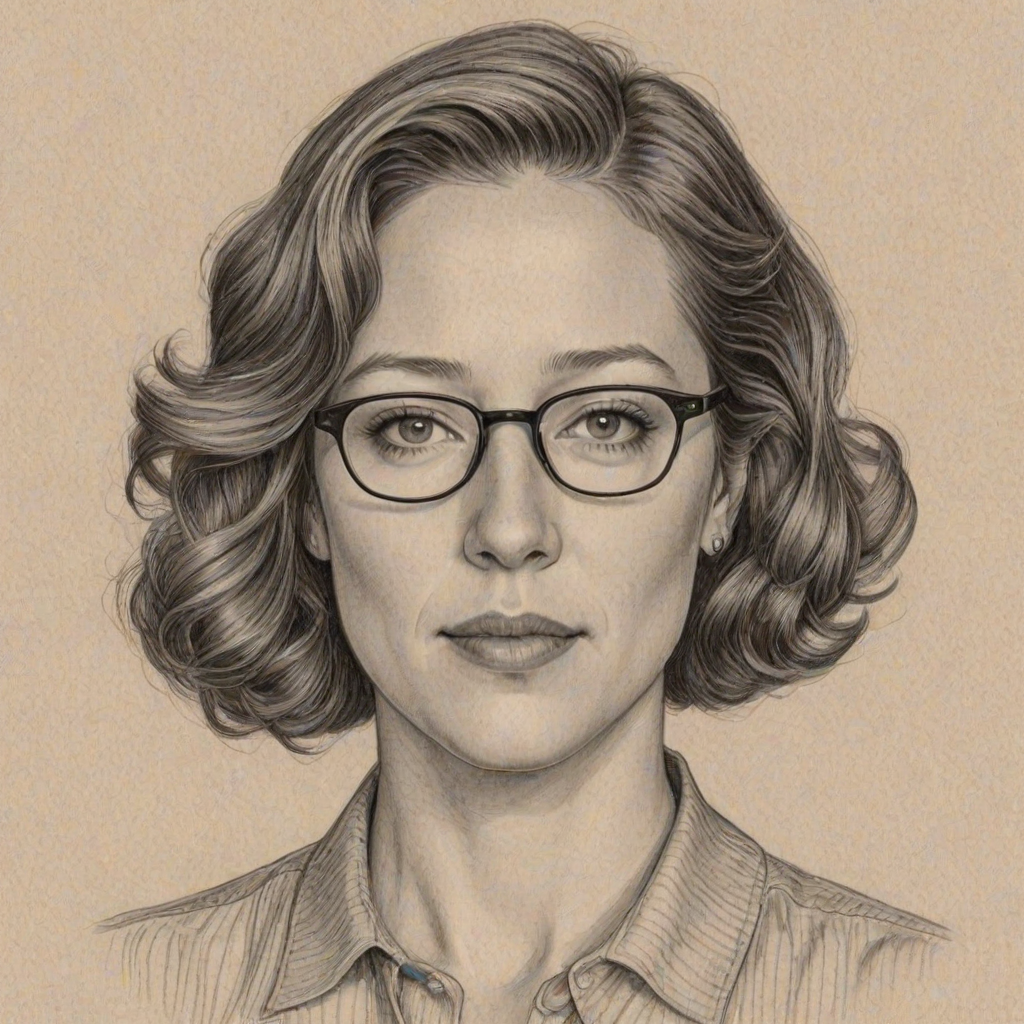 Bewitching Carrie Coon, pencil sketch, portrait of Alluring woman 1938s in glasses, hair style beatnik, outline, clear lines, fine lines, 8k