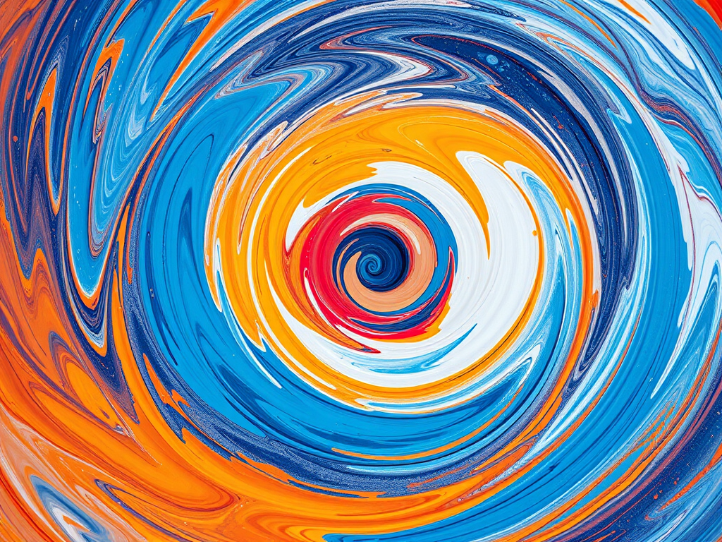 Abstract swirling vortex with vibrant colors of blue, orange, red, and white, oil paint texture, captured with a Canon EOS R5, 50mm lens, f/2.8, ISO 100, soft focus, natural lighting.