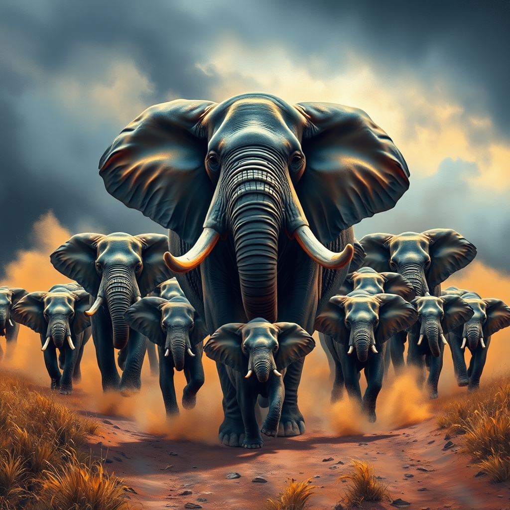 vivid colourful hyper-realistic Oil Painting. a charging group of many large angry elephants. A huge dominating bull elephant leads with huge white tusks ears. Includes a  baby elephant.  Lots of swirling dust whirling around them rising high and being kicked by their feet. Dark dramatic blue-grey fills the sky with warm breaking through. Colourful oil painting style. dry grass on the ground on each side. dark soft graduated band across top of picture. Warm colour. Art Look added in Topaz.