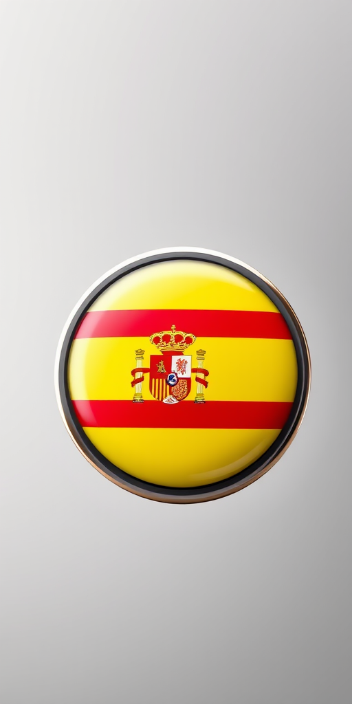 Create a high-resolution image of the Spanish flag displayed on a circular badge with a shiny metallic border, using a DSLR camera with a 50mm lens, aperture set to f/2.8, ISO 100, and a soft focus background for depth.