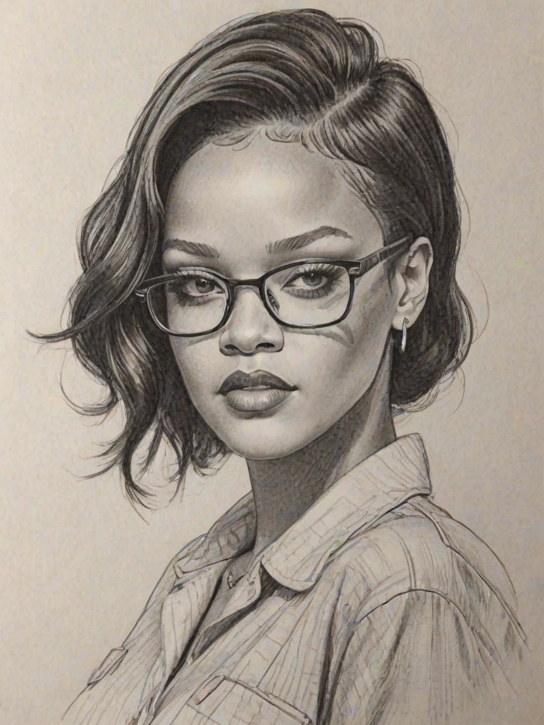 Attractive Rihanna, pencil sketch, portrait of Bewitching woman 1955s in glasses, hair style beatnik, outline, clear lines, fine lines, 8k
