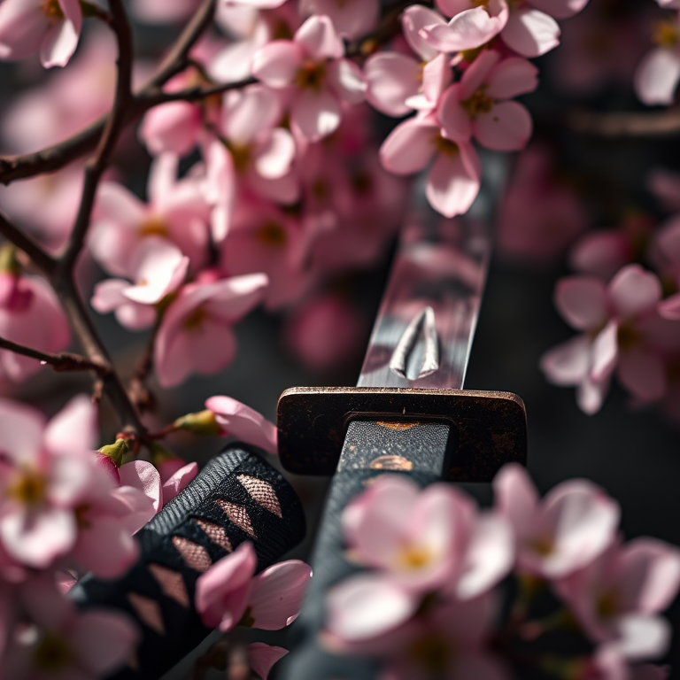 Close-up of a traditional katana sword nestled among cherry blossom branches, petals falling gracefully around it, shot with a Canon EOS R5, 85mm f/1.2 lens, ISO 100, 1/200 sec, in low light with a shallow depth of field, emphasizing the sword's details and the soft pink petals.