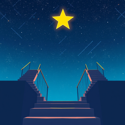 A surreal illustration of two staircases in a starry sky, featuring a yellow star on one platform, captured with a Canon EOS R5, 24mm lens, f/8 aperture, ISO 100, 1/125 sec, with a wide-angle perspective and high dynamic range.
