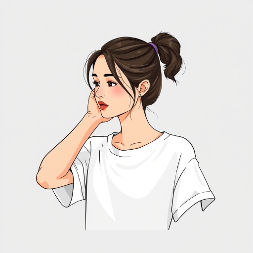 Generate a high-quality illustration of a young woman styling her hair with a hair tie, wearing a loose white t-shirt, in a minimalistic gray background, captured with a DSLR camera, 50mm lens, f/1.8 aperture, ISO 100, and natural lighting to enhance details and textures in the image.