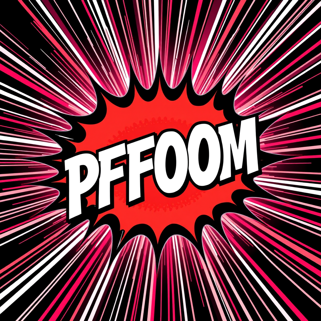 Create a dynamic comic-style explosion graphic featuring the text "PFOOM" in bold white letters with dynamic speed lines in the background, using a DSLR camera, 50mm lens, f/1.8 aperture, 1/1000 sec shutter speed, and ISO 100 for a sharp and vibrant finish.