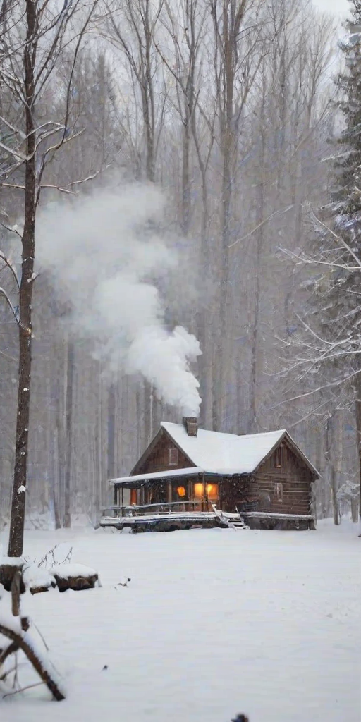 Soft-focus image of a snow-covered cabin in the woods, soft smoke rising from the chimney, and gentle snowfall creating a peaceful winter scene.