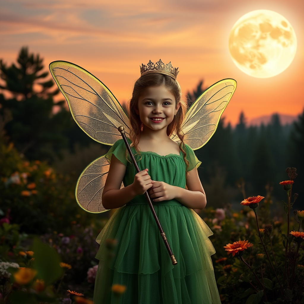 A vivid photo  taken under a bright camera flash of a fantastical scene set against a backdrop of a forest during sunset. The main subject is a girl dressed as a fairy, adorned with translucent wings and a green dress, holding a wand, her face is happy, and she wears a crown on her head. The forest behind her is a blend of flowers, shrubs and trees. The sky is painted in hues of orange and pink, with a large, glowing moon casting a warm glow over the scene. The overall color palette is dominated by earthy tones.