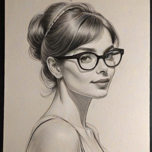 Charming Dylan Gelula, pencil sketch, portrait of Alluring woman 1960s in glasses, hair style beatnik, outline, clear lines, fine lines, 8k