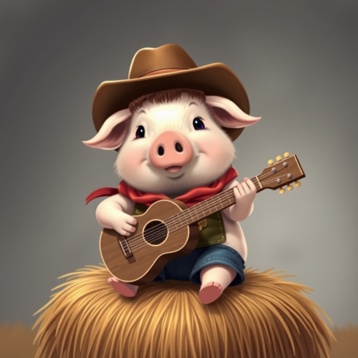 A chibi pig, dressed as a cowboy, playing guitar, sitting on a hay bale