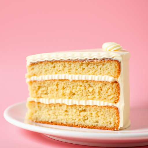 A detailed close-up of a slice of layered cake on a white plate, showing multiple layers of sponge and cream filling. The cake has a creamy frosting and is set against a soft pink background, creating a visually appealing dessert image.