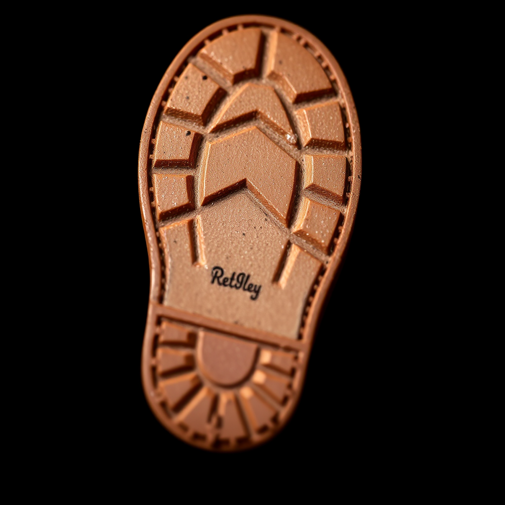 Create a detailed close-up image of a brown shoe print on a black background, using a DSLR camera with a 50mm lens at f/2.8 for shallow depth of field, ISO 100, and a shutter speed of 1/125 seconds to capture sharp details and textures.