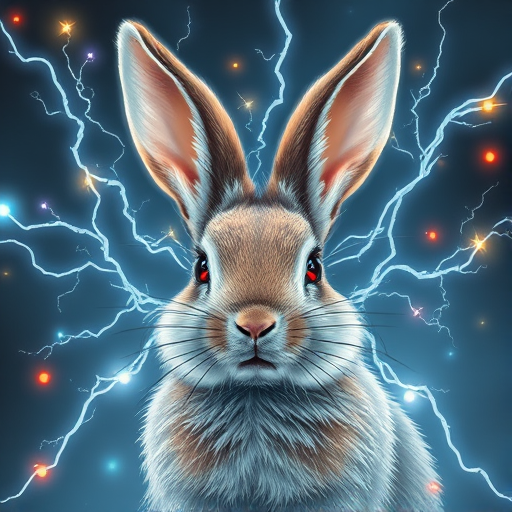 auralora,the image features a rabbit. She has a determined expression on her face and is surrounded by a halo of electric sparks with intricate,cold glow